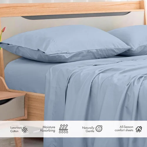 Miniatura 3 de Royale Linens Sábana Plana de Algodón Peinado de Fibra Larga 100% de 300 Hilos - Súper Suave - Sábanas Superiores - Sábana Plana Tamaño King Se Azul