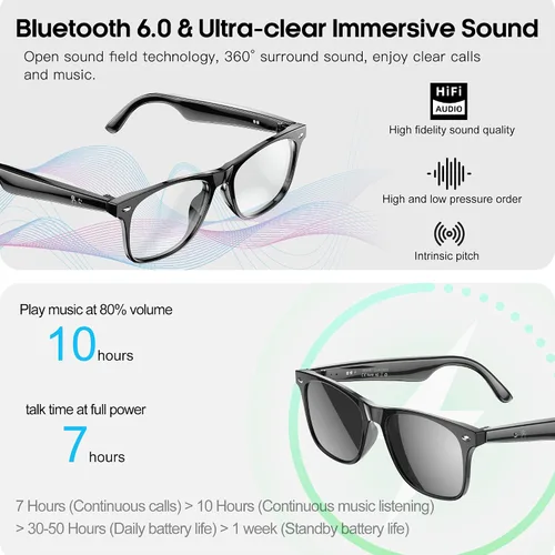 Miniatura 7 de Lentes inteligentes de traducción AI para hombres y mujeres, gafas de sol Bluetooth 6.0, protección UV, asistente de voz, audio de oído abierto