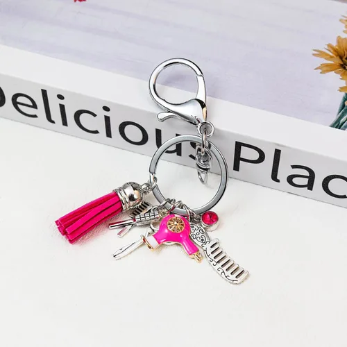Miniatura 4 de Fuqimanman2020 Peine tijeras secador de pelo llavero con borla y diamante negro encanto peluquero estilista regalo joyería