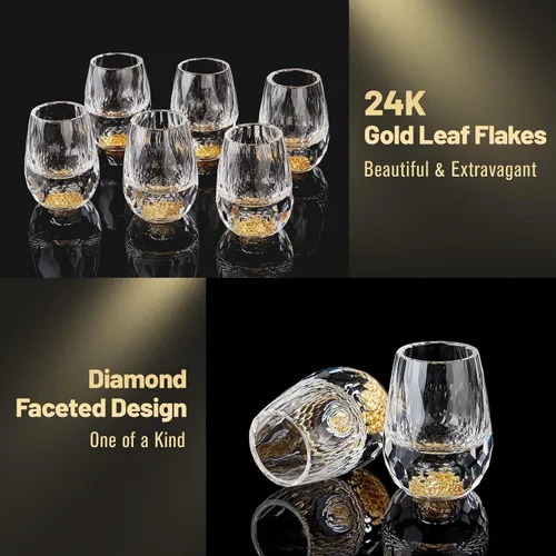 Miniatura 3 de DUJUST Vasos de chupito de diamante (1.5 onzas), juego de chupitos de cristal decorado con copos de hoja de oro de 24 quilates, vasos de chupito