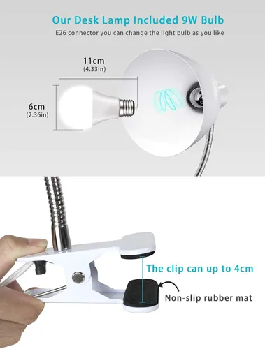 Miniatura 5 de Lámpara de escritorio, lámparas de mesa para cuidado de los ojos, rotación de 360°, cuello de cisne con clip, luz de lectura, portátil, abrazadera