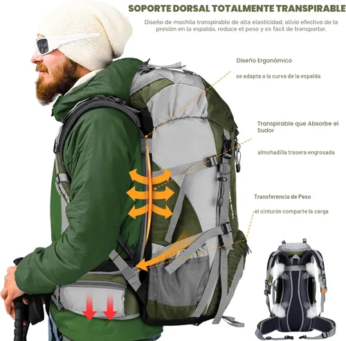 Miniatura 3 de Mochila Loowoko de 50 l para senderismo, impermeable, con cubierta para la lluvia, mochila esencial para acampar, mochila ligera de 45 + 5 litros