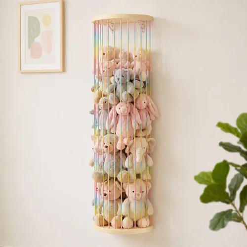 Hamaca de almacenamiento de animales de peluche, diseño de medio círculo de madera, organizador de juguetes de felpa para decoración de habitación