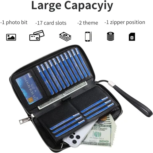 Miniatura 3 de Mitsoly Cartera larga de piel con bloqueo RFID para mujer, con cremallera alrededor de moneda, cartera de gran capacidad, 18 ranuras para tarjetas