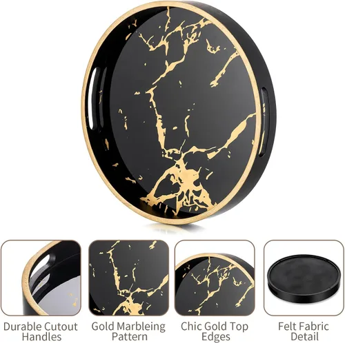 Miniatura 5 de Hanobe Bandeja redonda decorativa para café: Bandeja circular de mármol negro con asas, bandejas de mesa para sala de estar, bebida, fiesta, hogar