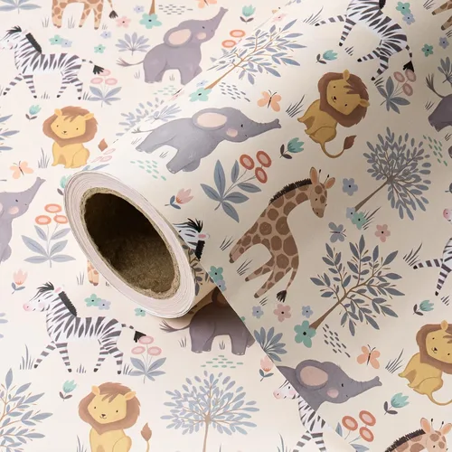 Miniatura 17 de WRAPAHOLIC Rollo de papel de regalo Kraft Animal - Mini Rollo - 17 pulgadas x 16.5 pies - Diseño de mono, elefante y dinosaurio lindos, perfecto