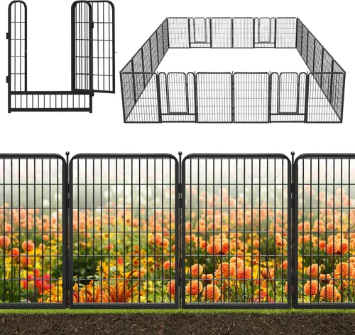 Miniatura 26 de Valla decorativa de metal negro para jardín con puerta, 82 pies de largo, 32 pulgadas de alto, 36 paneles de valla sin excavación, valla de barrera