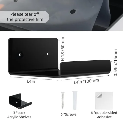 Miniatura 3 de Paquete de 3 estantes flotantes pequeños de acrílico para almacenamiento en pared, mini estante adhesivo de 4 pulgadas para sala de estar, baño
