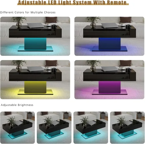 Miniatura 5 de HedoAjim - Mesa de café negra con LED y 2 cajones de almacenamiento para sala de estar, mesa rectangular de centro para sala de estar, mesas de café