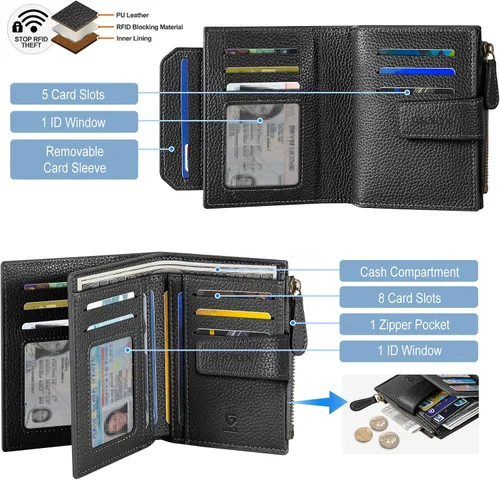 Miniatura 2 de GSOIAX Billetera pequeña de piel auténtica para mujer, con bloqueo RFID, plegable, delgada, con bolsillo para monedas con cremallera y ventana