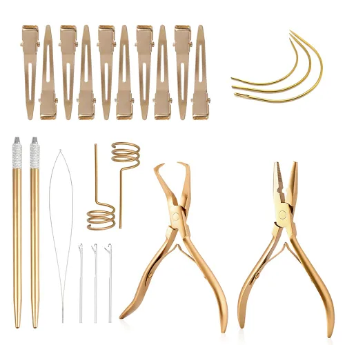 Miniatura 13 de Kit de herramientas de extensión de cabello, alicates de acero inoxidable de color tostado, micro cuentas, gancho removedor de bucle, clips