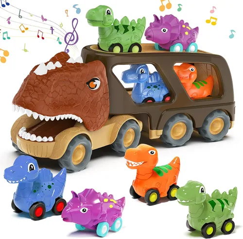 Miniatura 9 de Juguetes de dinosaurio para niños de 2 a 4 años, camión transportador de automóvil de dinosaurio con 4 autos de dinosaurio de tracción hacia atrás