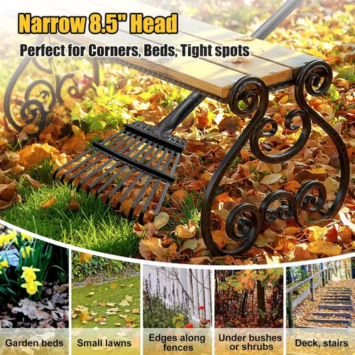 Miniatura 5 de Rastrillo para hojas: rastrillo de jardín de metal pequeño, 8.5 pulgadas de ancho, 11 púas de metal, rastrillos de hojas para niños ligeros