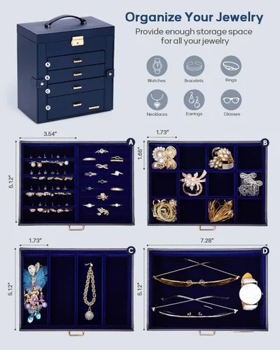 Miniatura 57 de Homde Regalos de Navidad de cuero sintético, enorme joyero, organizador de reloj con espejo, collar, anillo y aretes, estuche de regalo con Dorado