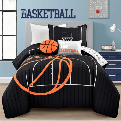 Lush Decor Juego de edredón reversible de juego de baloncesto de 4 piezas, color negro y naranja, juego de ropa de cama para niños, edredón tamaño