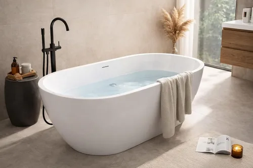 Miniatura 9 de ANZZI Bañera independiente de acrílico de 59 pulgadas de fondo plano Bañera de remojo White Mone Series Diseño compacto construido en desbordamiento