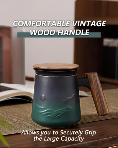 Miniatura 8 de ZENS Taza de Té de Cerámica en Relieve con Infusor y Tapa, 14.5 oz, Asa de Madera, Tazas Infusoras de Té de Hojas Sueltas y Colador para Regalos