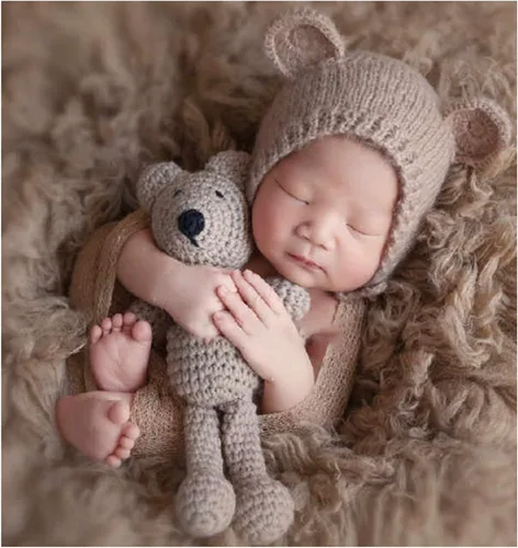 Miniatura 4 de Accesorios de fotografía para recién nacidos, sombrero de oso, sesiones de fotos de bebé, trajes de fotos para posar fotos de ganchillo, oso muñeca