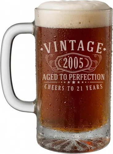 Taza de cerveza de vidrio grabada vintage 2005 de 16 onzas – Regalos de feliz cumpleaños 21 para él, decoraciones hombres mujeres chico, cumpliendo