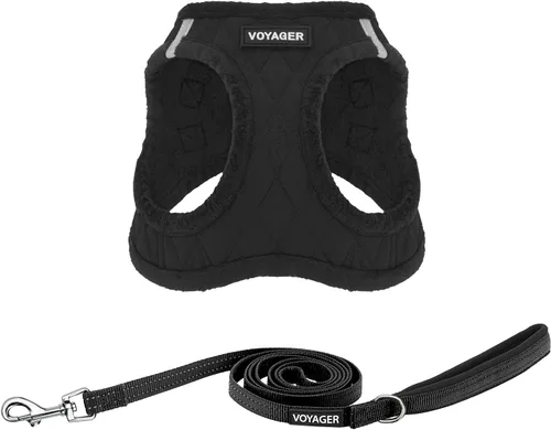 Voyager de Best Pet Supplies - Arnés tipo chaleco de meter de felpa suave para perros pequeños y medianos, felpa negra, (paquete con correa), talla