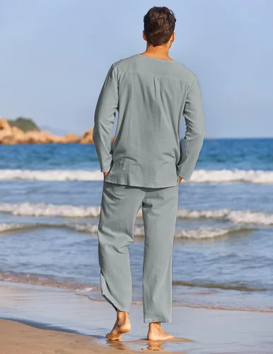 Miniatura 3 de COOFANDY Conjunto de 2 piezas de algodón y lino para hombre, camisa Henley de manga larga y pantalones casuales de playa, trajes de yoga de verano