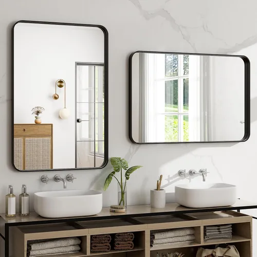 Miniatura 3 de Espejo de baño negro de 30"x22" - Espejo moderno para pared con esquinas redondeadas, espejos de baño para tocador, espejo enmarcado de aleación