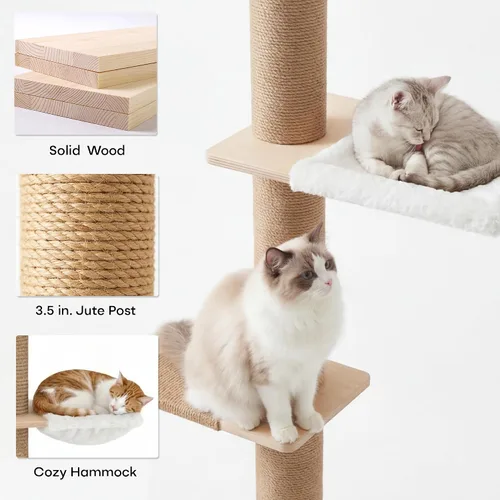 Miniatura 3 de Árbol para gatos de piso a techo, altura ajustable de 5 niveles (6-10.1 pies), torre de escalada con postes rascadores de sisal, actividad