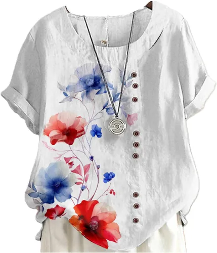 Miniatura 11 de domirica Camisetas de verano para mujer 2024 con estampado de flores, algodón, lino, manga corta, cuello redondo, camisas casuales de moda