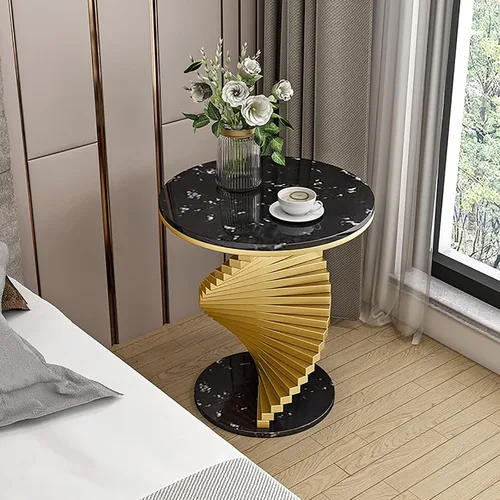 Miniatura 3 de QQXX Mesa auxiliar moderna de mármol, mesa auxiliar redonda de mármol con base de metal dorado, mesa auxiliar de mármol para sala de estar, Negro