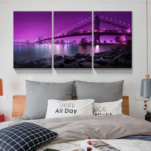 Miniatura 2 de Denozer - Lienzo decorativo para pared de 3 piezas - Paisaje con paisaje urbano, arte de puente, arte de pared para sala de estar, decoración