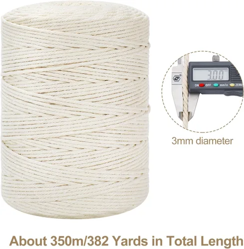 Miniatura 3 de Cordón de macramé de 3 mm x 380 yardas (1140 pies), cuerda de macramé de algodón natural - 4 hilos trenzados de cuerda de algodón de macramé
