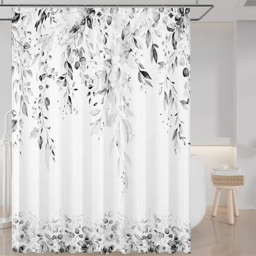 Miniatura 7 de Cortina de ducha de hojas de eucalipto negras para baño: juego de cortinas de ducha con acuarela de arte estético con ganchos, decoración de tela