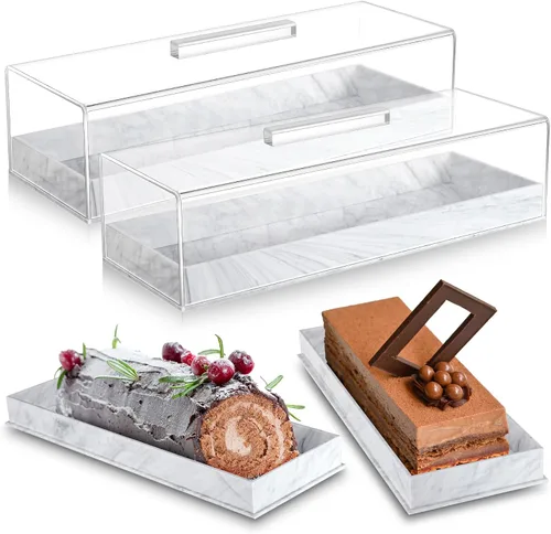 Miniatura 7 de Dandat 2 piezas Bandeja rectangular de servicio con tapa, mármol gris y negro granulado, soporte rectangular para pastel acrílico, soporte