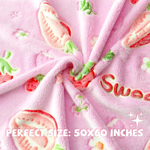Miniatura 5 de REXEO Manta de franela, 50 x 60 pulgadas, que brilla en la oscuridad, fresa fluorescente, ligera, fibra de felpa, para niñas y niños, regalos