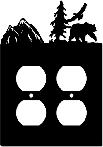 Eagle & Bear - Placa de pared con interruptor de luz, doble dúplex, habitación de cabaña negra | Cubiertas decorativas de metal para enchufe, se