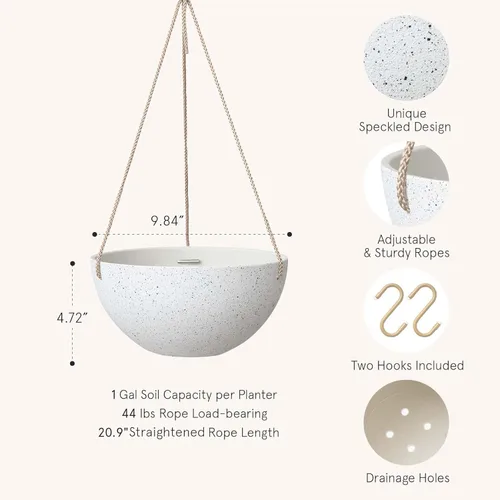 Miniatura 2 de LA Jolie Muse Hanging Planters for Indoor Plants - Flower Pots Outdoor 9.84 inch Garden Planters and Pots,Speckled White Set of 2 Blanco moteado.