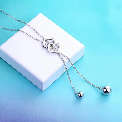 Miniatura 5 de DAOCHONG Collar largo de plata de ley S925 con borla redonda para mujer, 30 pulgadas (cadena ajustable), Plata esterlina