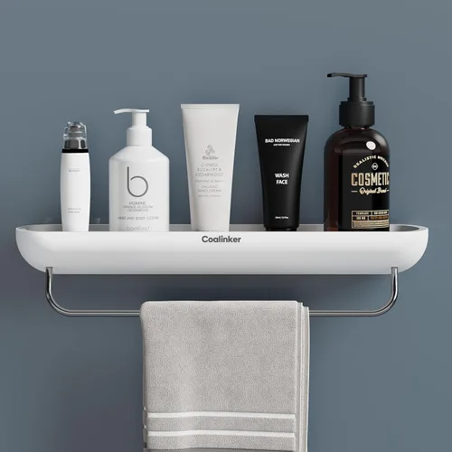 Estante de ducha con toallero, organizador de baño moderno, autoadhesivo, resistente, se adhiere a la pared, sin perforaciones, plástico inoxidable,