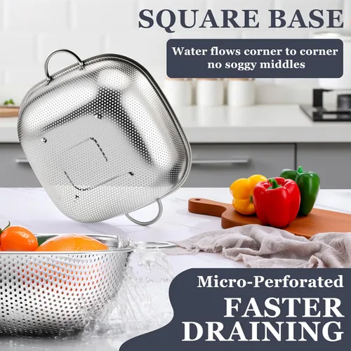Miniatura 3 de E-far Paquete de 3 coladores para cocina, colador cuadrado de metal de acero inoxidable con asa para drenar alimentos, pasta, verduras