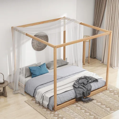 Miniatura 3 de Harper & Bright Designs Cama King con dosel de madera con 4 paneles de póster, marco de cama de suelo, cama de plataforma tamaño King para niños