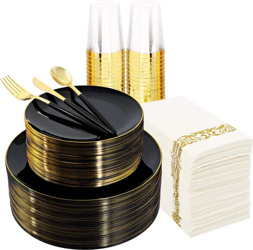 Miniatura 9 de Supernal 150 platos de plástico blanco y dorado, cubiertos de plástico dorado, juego de vajilla blanca incluye 60 platos, 30 tenedores, 30 Juego