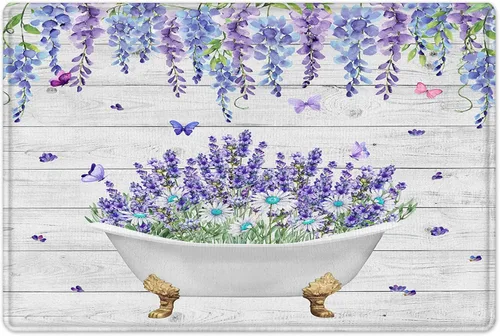 Miniatura 7 de LB Juego de cortinas de ducha de mariposa y flores con alfombras, margaritas y morado lavanda, hojas de eucalipto, cortina de ducha verde