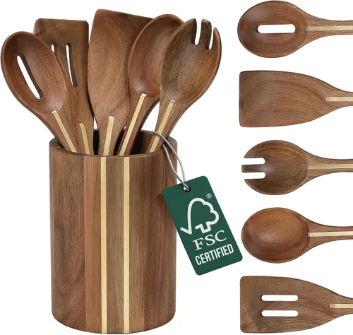Juego de 5 utensilios de acacia con soporte – Utensilios de cocina de madera de primera calidad, juego de espátula y cuchara de madera de acacia