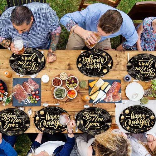 Miniatura 6 de 50 platos ovalados de papel de feliz año nuevo de 11 pulgadas, grandes, resistentes, negro y dorado, decoraciones de fiesta de Año Nuevo 2026