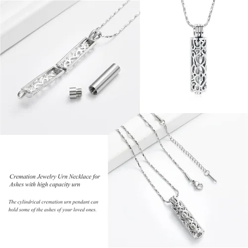 Miniatura 6 de Imrsanl Collar con colgante de urna de cremación con vial de cilindro hueco, urna de recuerdo, joyería de cremación, medallones conmemorativos