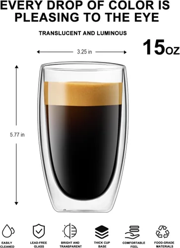 Miniatura 2 de LUXU Tazas de café de vidrio de doble pared de 16 onzas, paquete de 2 tazas de café de alta calidad, tazas de café de vidrio con aislamiento