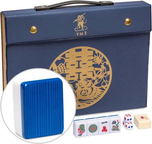 Yellow Mountain Imports "Set de Mahjong Chino Real Azul con 146 Azulejos Medianos y Estuche de Vinilo Azul — Solo para Juego al Estilo Chino Índigo