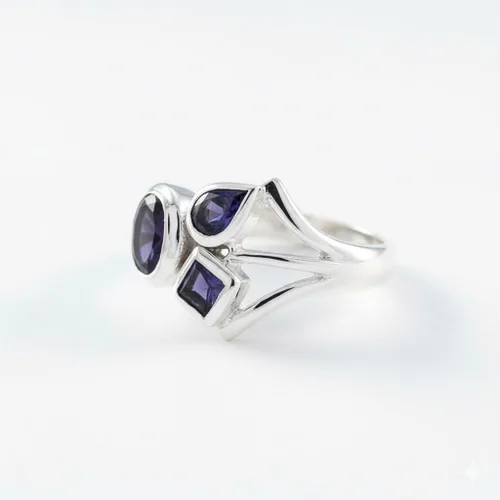 Miniatura 2 de 55Carat Anillo de iolita de plata con forma mixta de piedras preciosas naturales para mujer, talla 5, 6, 7, 8, 9, 10, 11, 12, 13 de EE. UU