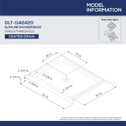 Miniatura 2 de DreamLine SlimLine 42 pulg. P x 42 pulg. A x 2 3/4 pulg. Al Base de Ducha de Umbral Único con Drenaje Central en Color Galleta, DLT-1142420-22