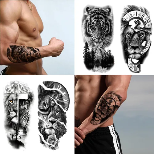 Miniatura 4 de Tatuajes temporales de animales, 15 hojas de tigre negro león lobo tótem adulto tatuajes temporales, tatuajes falsos hombres